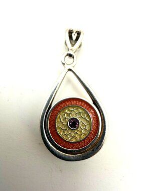 VTG Sterling Silver 925 Teardrop Pendant Mixed Metal Center Pink Stone Modernist